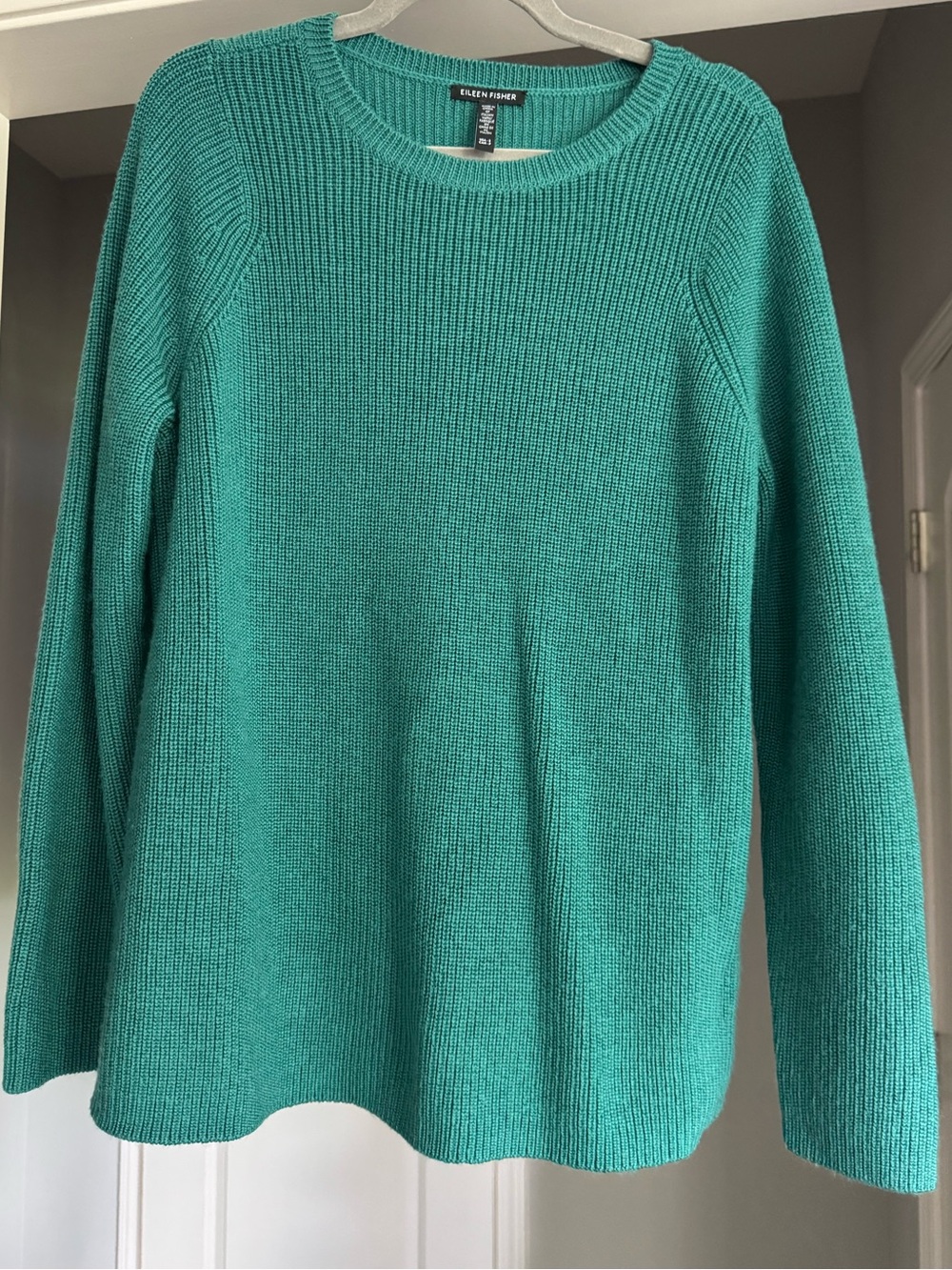 Eileen Fisher 100% Extra Fine Merino Wool Ribbed Crewneck Sweater Green S